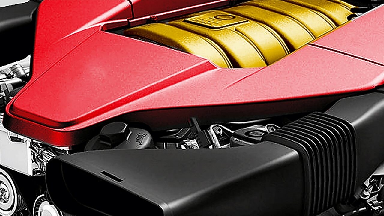 The engine of a car, with red trim and gold middle